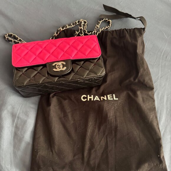Chanel Patent Calfskin Quilted Bi-Color Mini Rectangular Flap Pink Black - Picture 5 of 8